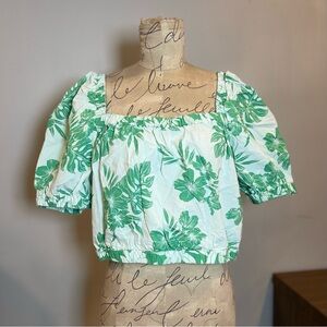 AE Puff-Sleeve Bubble Relaxed Fit Green White Palm Tree Leaves Top Size Large
